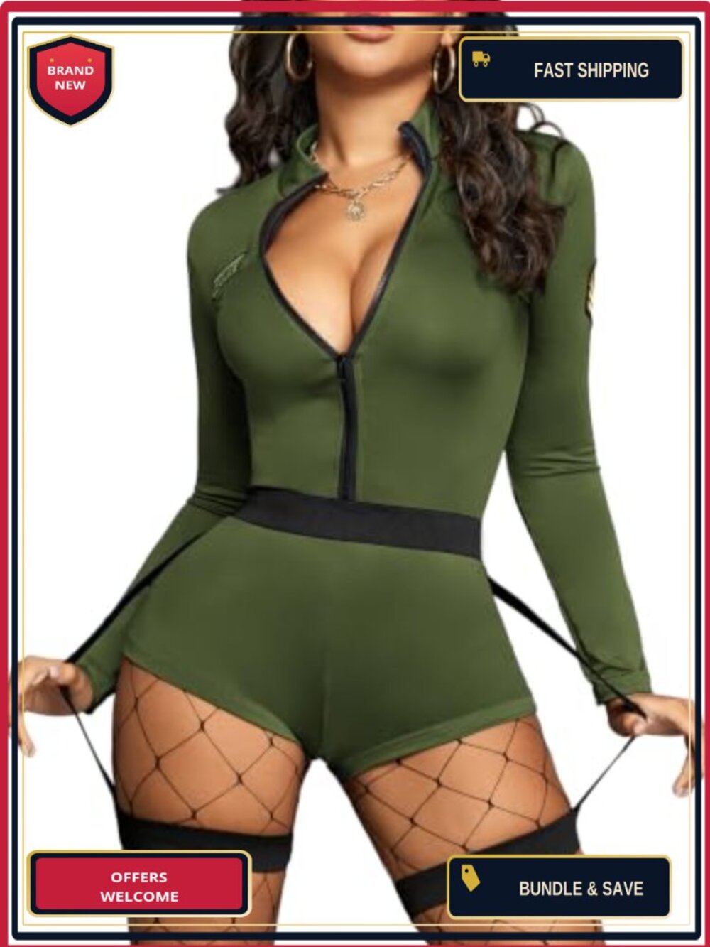 Sexy Police Officer Costume 3 Piece Romper with Fishnet Stockings & Belt